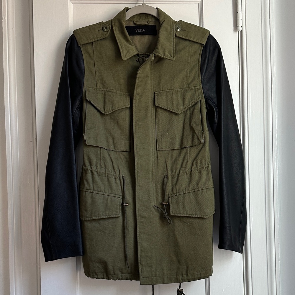 VEDA canvas genuine leather utility jacket green black size small EUC